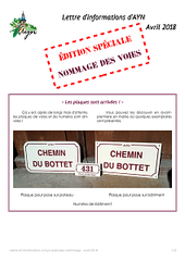 Lettre d'informations d'AYN d'avril 2018 spéciale nommage des voies