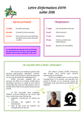 Lettre d'informations d'AYN de juillet 2016
